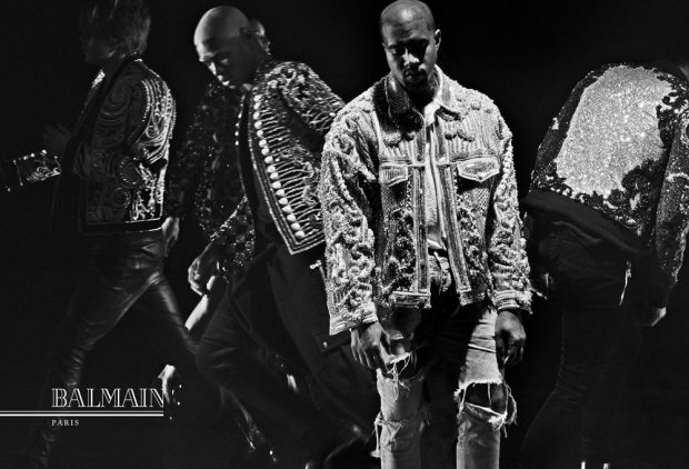 Supermodels + Kanye West & Kim Kardashian as FW16 ‪#‎Balmainarmy