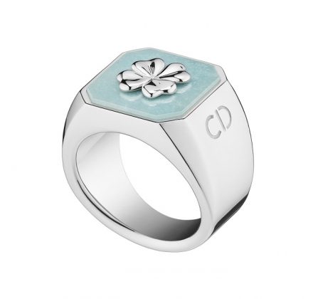 Lucky Dior 'Clover' pattern ring in metal with rhodium finish and amazonite