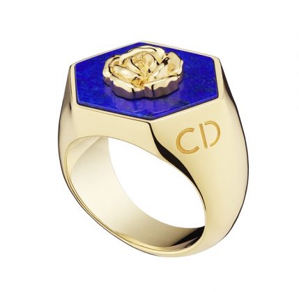 Lucky Dior 'Rose' pattern ring in metal with gold finish and lapis lazuli