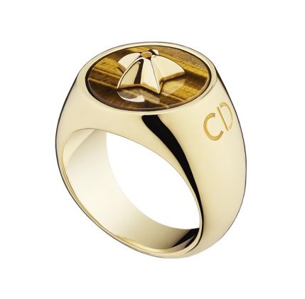 Lucky Dior 'Star' pattern ring in metal with gold finish and tiger eye