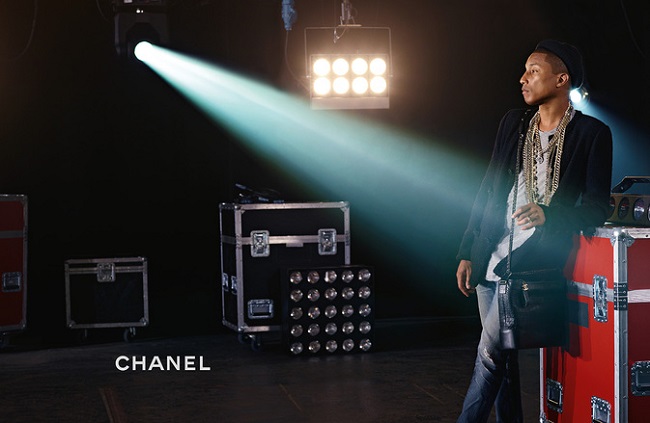 Pharrell Williams photographed by Karl Lagerfeld, wearing CHANEL’s GABRIELLE bag in black alligator.