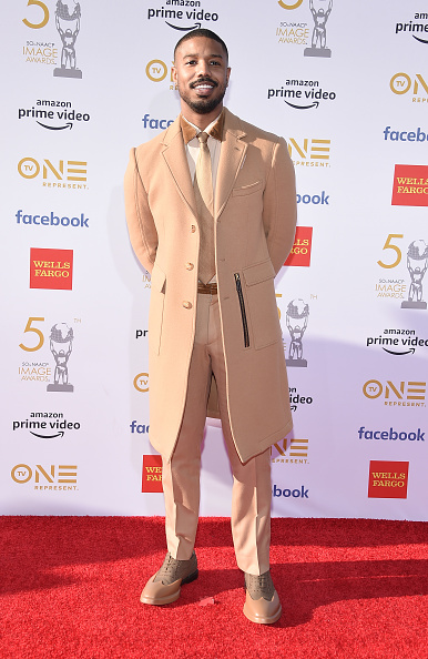 Michael B. Jordan wearing Burberry to the 50th annual NAACP Image Awards in Los Angeles