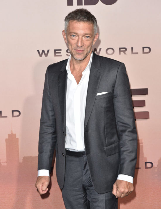 Actor Vincent Cassel attended the Westworld Season 3 premiere in Los Angeles wearing a Dior men's gray wool notch-lapel suit and classic white cotton shirt, all by Kim Jones.